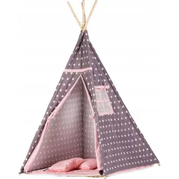 Dětský stan Eco Toys Teepee 100 x 100 x 150 cm, tm. šedé / růžové s hvězdičkami