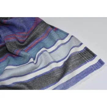 Šála Vlněná vzorovaná šála - modré, bílé, tyrkysové, červené a černé pruhy