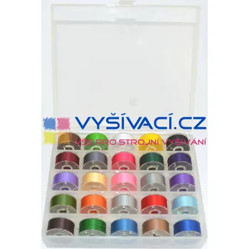 Nit vysivaci.cz úložný BOX+25ks předvinutých cívek pro domácí vyšívací a šicí stroje 100% polyester, síla 75D/2 barva: 25ks cívek, bal: v plastovém boxu výhodné!! možnost opakovaného použití cívek!