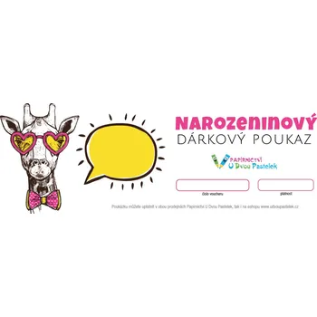 Dárkový potravinový koš Dárkový poukaz K narozeninám - žirafa Hodnota dárkového poukazu: 300, Forma poukazu: tištěný