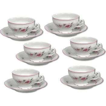 Thun 1794 Šálky a podšálky, 205 ml, český porcelán, Bernadotte, růže, růžový proužek, Thun, 6 ks