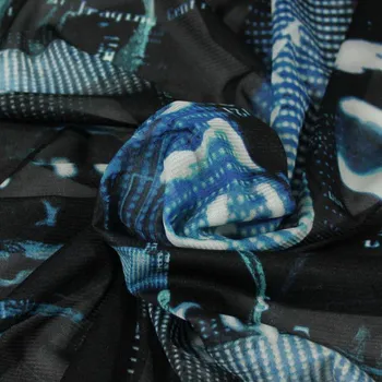 Elastický tyl černý, modrý vzor s čísly, š.145