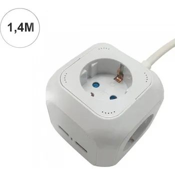 Elektrická zásuvka Prodlužovačka kostka 1,4m, 4 zásuvky, 2xUSB, 16A, IP20