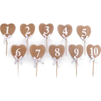 Svatební dekorace Sada jutových číselných srdíček (čísla stolů) - zápich 10ks