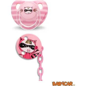 SUAVINÉX latexový dudlík ANATOMICKÝ +6m + klip na dudlík KULATÝ Kočka/Růžová DOPRODEJ!