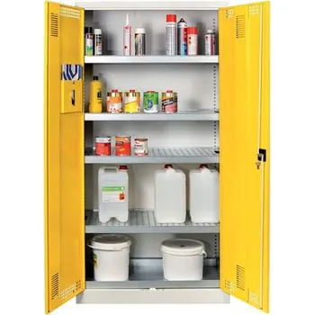 Skříň na nehořlavé chemikálie, v x š x h: 1950 x 950 x 500 mm, 4 vanové police, barva: korpus šedý RAL7035/ dveře žluté RAL1023