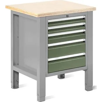 Dílenský stůl Dílenský stůl TECHNO Light, šířka 725 mm, 5 zásuvek, barva šedá RAL7035/zelená RAL6011.