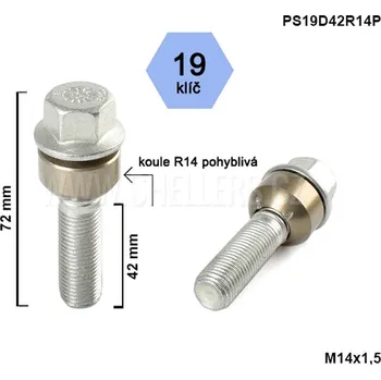 Šroubek na kolo Kolový šroub M14x1,5x42 kulová R14 pohyblivá, klíč 19, výška 72