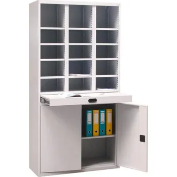 Kovová skříň s 15 přihrádkami a skříňkou, v x š x h: 1990 x 1000 x 435 mm, barva šedá RAL7035