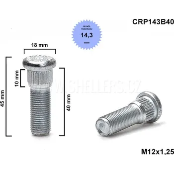Kolový svorník - šteft M12x1,25x40 tisícihran průměr 14,3mm, INFINITI, NISSAN, MERCEDES CRP143B40, celková délka 45mm