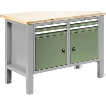 Dílenský stůl Dílenský stůl TECHNO Light, šířka 1245 mm, 4 zásuvky, 2 skříňky, barva šedá RAL7035/zelená RAL6011.