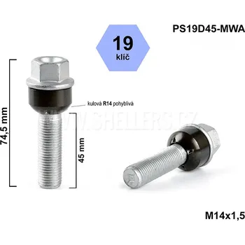 Šroubek na kolo Kolový šroub M14x1,5x45 kulová R14 pohyblivá, klíč 19, výška 74,5