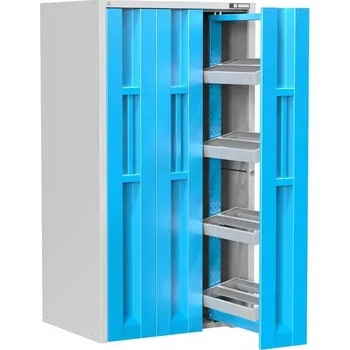 Skříň se 3 vertikálními výsuvnými rámy a držáky na nástroje, v x š x h: 1950x1044x790 mm, korpus šedý RAL7035/ dvířka modrá RAL5012
