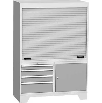 Kontrolní pracoviště s roletou, š x h x v: 1440x700x2010 mm, 4x zásuvka, 1x skříňka, šedá RAL7035