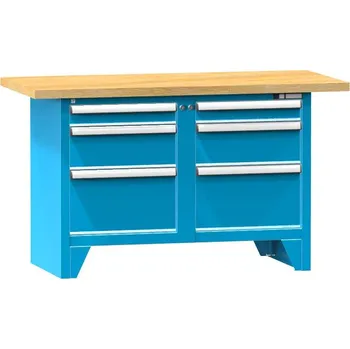 Dílenský stůl Dílenský modulární stůl, deska - buková spárovka 1500 x 700 mm, 6 x zásuvka, barva modrá RAL5012