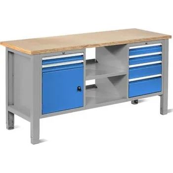 Dílenský stůl Dílenský stůl TECHNO Light, šířka 1765 mm, 6 zásuvek, 1 skříňka, barva šedá RAL7035/modrá RAL5012.