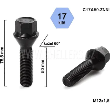 Šroubek na kolo Kolový šroub M12x1,5x50 kužel, klíč 17, C17A50-ZNNI, černý, výška 75,5 mm