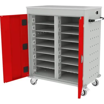 Skříň na notebooky, s napájením, 16 přihrádek, š x h x v: 920x540x1060 mm, barva: korpusu šedá RAL7035/ dveří červená RAL3020