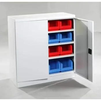 Skříň s plastovými boxy, 3 police, 16 boxů, v x š x h: 1040x1000x435 mm, barva šedá RAL7035