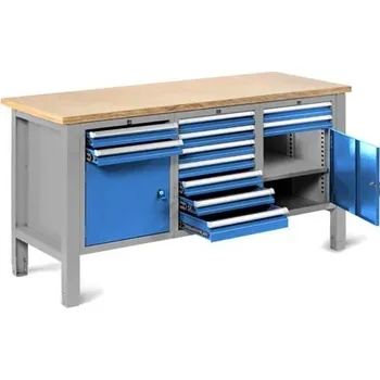 Dílenský stůl Dílenský stůl TECHNO Light, šířka 1765 mm, 11 zásuvek, 2 skříňky, barva šedá RAL7035/modrá RAL5012.