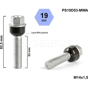 Šroubek na kolo Kolový šroub M14x1,5x53 kulová R14 pohyblivá, klíč 19, výška 82,5