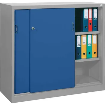 Kovová skříň s posuvnými dveřmi, v x š x h: 1040 x 1000 x 435 mm, barva šedá RAL7035 / modrá RAL5010