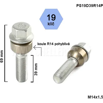 Šroubek na kolo Kolový šroub M14x1,5x39 kulová R14 pohyblivá, klíč 19, výška 69