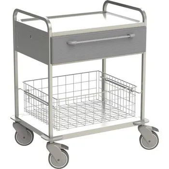 Policový vozík nerezový, 2 police, 1 koš, 1 zásuvka v barvě šedé, v x d x š: 920x760x560 mm