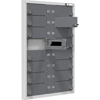 Skříň na dobíjení mobilních telefonů, 16 boxů, mincovní zámky, v x š x h: 1155x830x57 mm, šedá RAL7035/antracit RAL7016