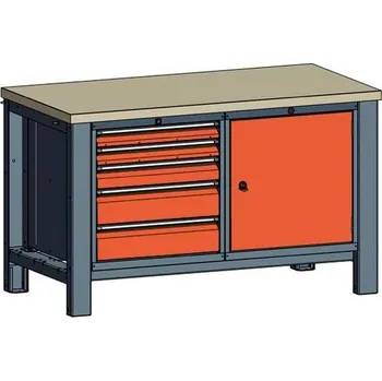 Dílenský stůl Dílenský stůl TECHNO, dvoumodulový šířka 1400 mm, 5 zásuvek, skříňka, barva antracit RAL7016/oranžová RAL2004.