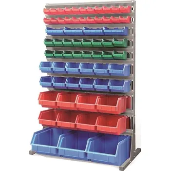 Dílenský regál Regál se zásobníky TechBox, šedá konstrukce, š x v: 940x1540 mm, jednostranný, počet boxů: 65 ks.