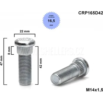 Kolový svorník - šteft M14x1,5x42 tisícihran průměr 16,5mm, CRP165D42, celková délka 47 mm