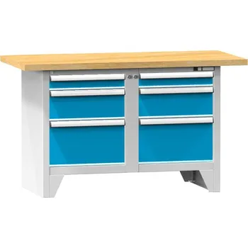 Dílenský stůl Dílenský modulární stůl, deska - multiplex 1500 x 700 mm, 6 x zásuvka, korpus šedá RAL7035/dvířka modrá RAL5012