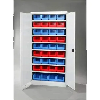 Skříň s plastovými boxy, 8 polic, 36 boxů, v x š x h: 1990x1000x435 mm, barva šedá RAL7035