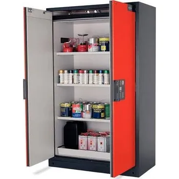 Bezpečnostní skříň na chemikálie 90 min., 3 police + vana, š. 1200 mm, TSA/AGT, dveře červené