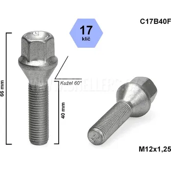 Auto-moto Kolový šroub M12x1,25x40 kužel, klíč 17, C17B40F, výška 66 mm