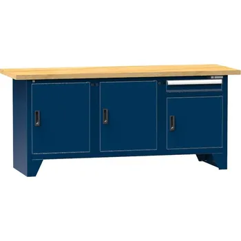 Dílenský stůl Dílenský modulární stůl, deska - buková spárovka 2000 x 700 mm, 1 x zásuvka, 3 x skříňka, barva tmavě modrá RAL5010