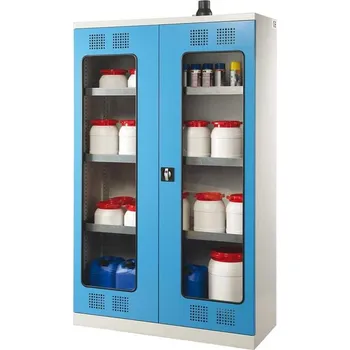 Skříň pro chemikálie s prosklenými dveřmi, spodní záchytná vana + 3 vanové police, š x h x v: 1200x500x1950 mm, dveře modré RAL5012
