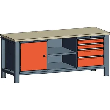 Dílenský stůl Dílenský stůl TECHNO, třímodulový šířka 2000 mm, 4 zásuvky, skříňka, barva antracit RAL7016/oranžová RAL2004.