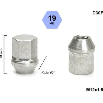 Matice na kolo Kolová matice M12x1,5 kužel, klíč 19, HAD1/S, D30F, výška 30 mm