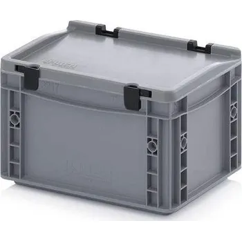 Přepravka plastová Euro s víkem, plná, šedá barva, 300 x 200 x 185 mm
