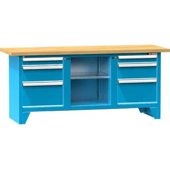 Dílenský stůl Dílenský modulární stůl, deska - buková spárovka, 2000 x 700 mm, 6 x zásuvka, barva modrá RAL5012