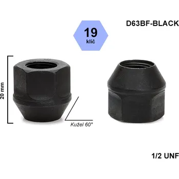 Matice na kolo Kolová matice 1/2 UNF kužel otevřená, klíč 19, černá, D63BF-BLACK, výška 20