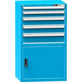 Zásuvková dílenská skříňka, v x š x h: 1215 x 731 x 630 mm, 5 x zásuvka, 1 x skříňka, barva modrá RAL5012