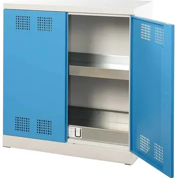Skříň pro chemikálie, dvoudvéřová, spodní záchytná vana + 1 vanová police, š x h x v: 950x500x1000 mm, dveře modré RAL5012