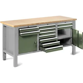 Dílenský stůl Dílenský stůl TECHNO Light, šířka 1765 mm, 11 zásuvek, 2 skříňky, barva šedá RAL7035/zelená RAL6011.