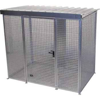 Klec na plynové lahve, se střechou, jednokřídlé dveře, max. lahví 60 x Ø 230 mm, d x š x v: 2400x1500x2160 mm, žárově zinkované