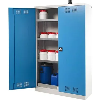 Skříň pro chemikálie, dvoudvéřová, spodní záchytná vana + 3 vanové police, š x h x v: 1200x500x1950 mm, dveře modré RAL5012