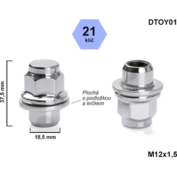 Matice na kolo Kolová matice M12x1,5 zavřená, plochá podložka, Toyota, klíč 21, DTOY01, výška 37,5 mm