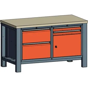 Dílenský stůl Dílenský stůl TECHNO, dvoumodulový šířka 1400 mm, 4 zásuvky, skříňka, barva antracit RAL7016/oranžová RAL2004.